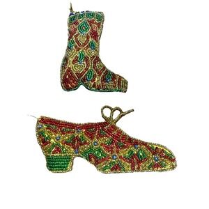 Vintage Beaded Shoe & Boot Christmas Ornament Gold Blue Green Red‎ Beads Slipper